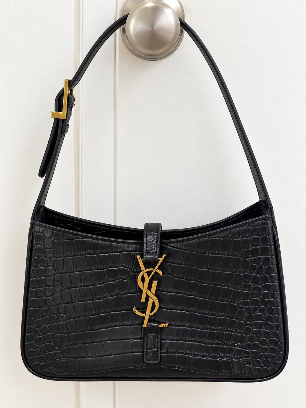 Saint Laurent Black Croc-Embossed Shoulder Bag with Gold YSL Logo